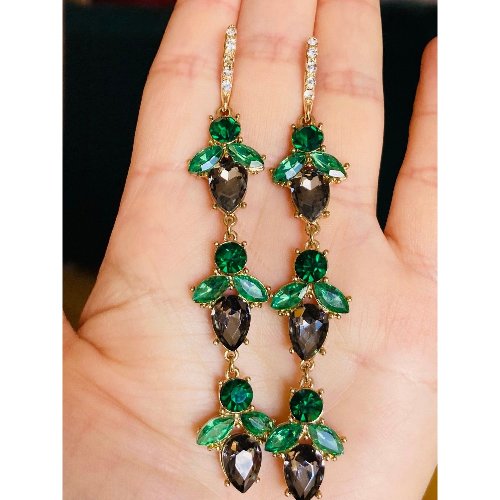 Gold Plated Rhinestone Green Crystal Dangle Earrings